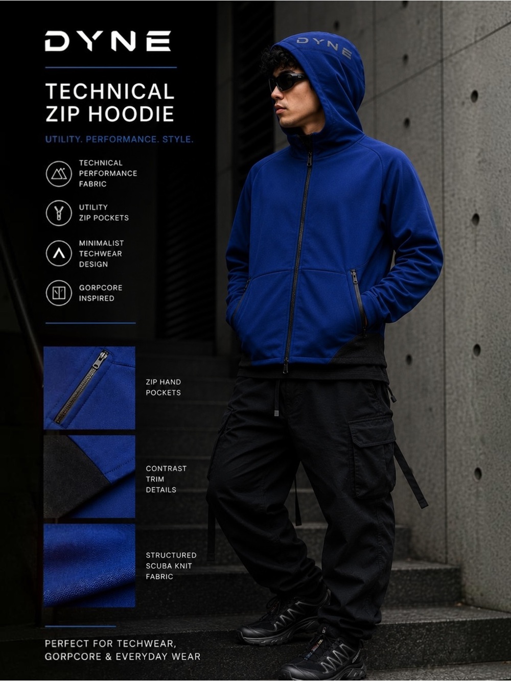 DYNE Techwear Scuba Zip Hoodie Blue Utility Gorpcore Veilance Style Sz Small